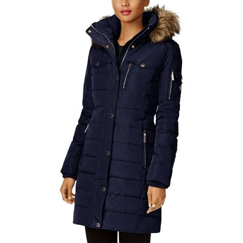 michael kors faux-fur-trim puffer coat navy|Michael Kors puffer coats women's.